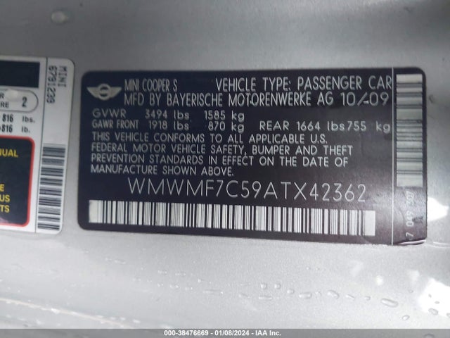 2010 MINI COOPER S WMWMF7C59ATX42362 Photo 8