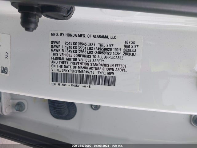 Honda Pilot 2wd Special Edition 2021 5FNYF5H21MB015716 Image 9