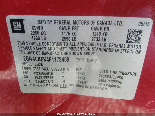 Chevrolet EQUINOX 1LT 2015 2GNALBEK4F1172408 Image 9