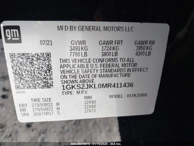 1GKS2JKL0MR411436 GMC Yukon Xl 4wd Denali