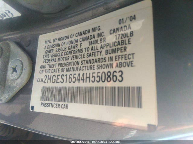 2004 HONDA CIVIC LX VIN: 2HGES16544H550863