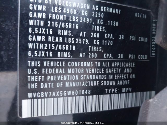 WVGBV7AX5GW601048 Volkswagen TIGUAN S