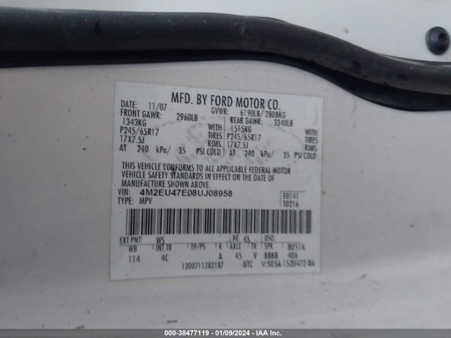 2008 MERCURY MOUNTAINEER VIN: 4M2EU47E08UJ08958