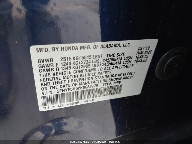 Honda Pilot Ex-l 2019 5FNYF5H52KB033729 Image 9