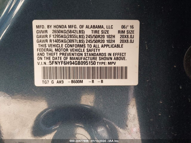 Honda Pilot Touring 2016 5FNYF6H94GB095150 Image 9
