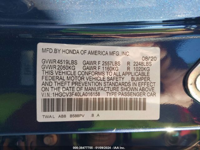 1HGCV3F40LA016158 Honda Accord Hybrid Ex