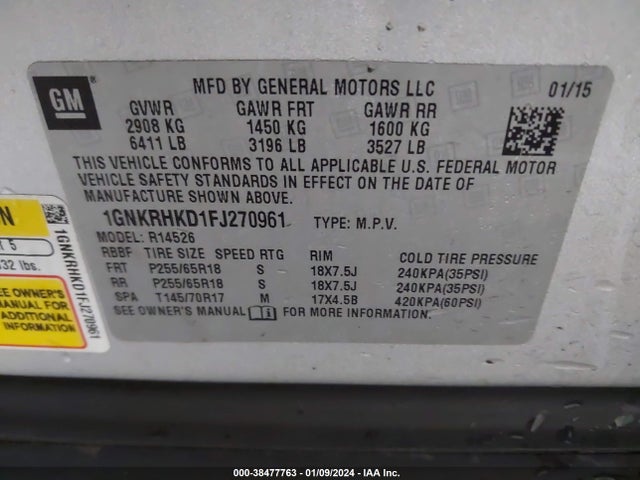 Chevrolet Traverse 2lt 2015 1GNKRHKD1FJ270961 Image 9