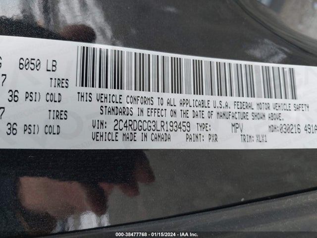 2020 DODGE GRAND CARAVAN SXT VIN: 2C4RDGCG3LR193459