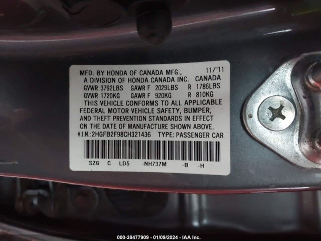 2012 HONDA CIVIC EX-L VIN: 2HGFB2F98CH321436