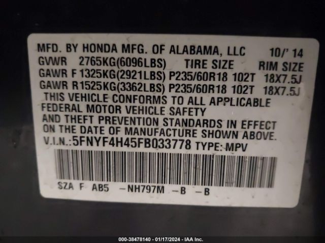 5FNYF4H45FB033778 Honda Pilot Ex