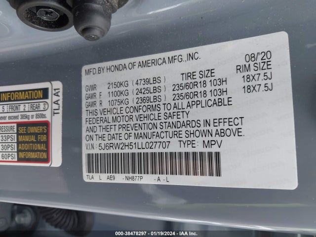 Honda Cr-v Awd Ex 2020 5J6RW2H51LL027707 Image 9