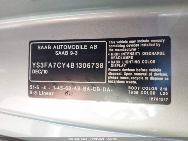 2011 SAAB 9-3 YS3FA7CY4B1306738 Photo 8