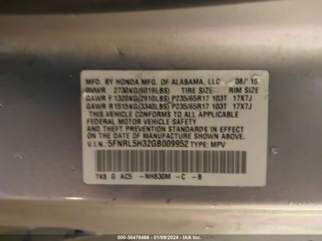 5FNRL5H32GB009952 Honda ODYSSEY SE