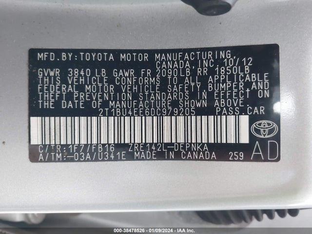 2013 TOYOTA COROLLA S/LE VIN: 2T1BU4EE6DC979205