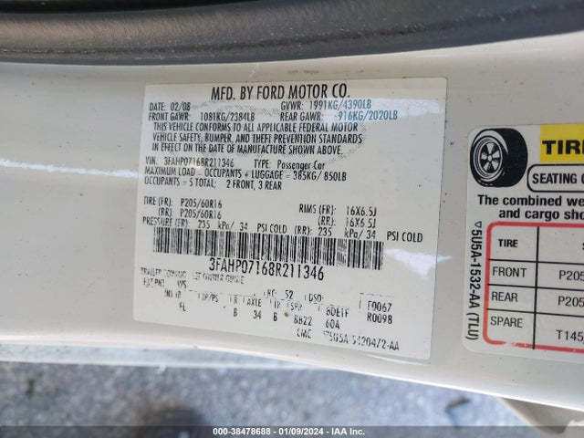2008 FORD FUSION SE VIN: 3FAHP07168R211346