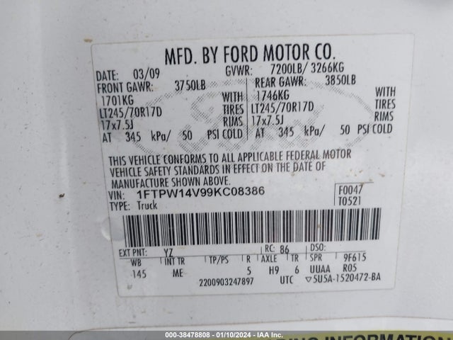 2009 FORD F-150 XLT VIN: 1FTPW14V99KC08386