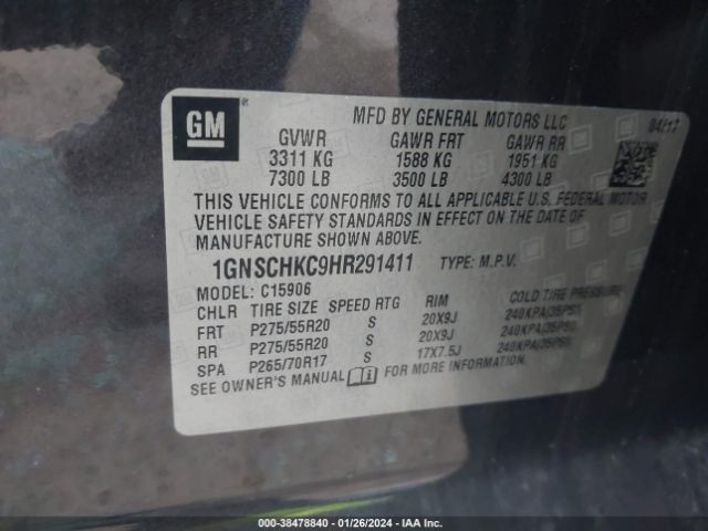 1GNSCHKC9HR291411 Chevrolet Suburban Lt