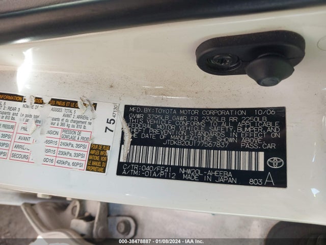 2007 TOYOTA PRIUS VIN: JTDKB20U177567837