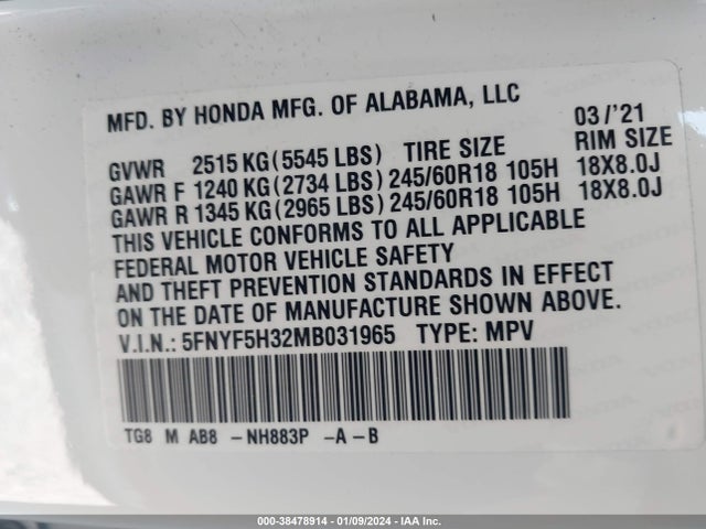 Honda Pilot 2wd Ex 2021 5FNYF5H32MB031965 Image 9