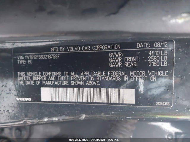 2013 VOLVO S60 T5/T5 PLATINUM/T5 PREMIER/T5 PREMIER PLUS VIN: YV1612FS6D2187597