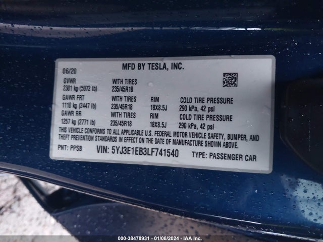 Tesla Model 3 Long Range Dual Motor All-wheel Drive 2020 5YJ3E1EB3LF741540 Image 9