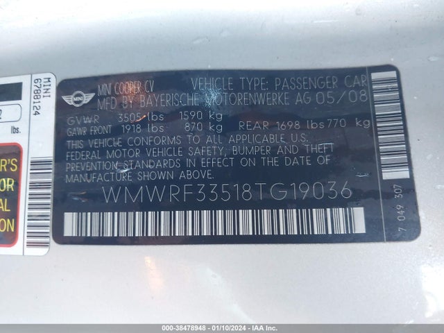 2008 MINI COOPER WMWRF33518TG19036 Photo 8