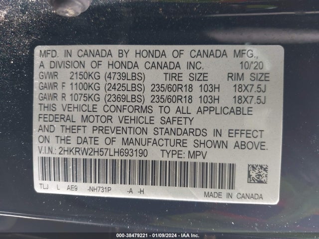 Honda Cr-v Awd Ex 2020 2HKRW2H57LH693190 Image 9
