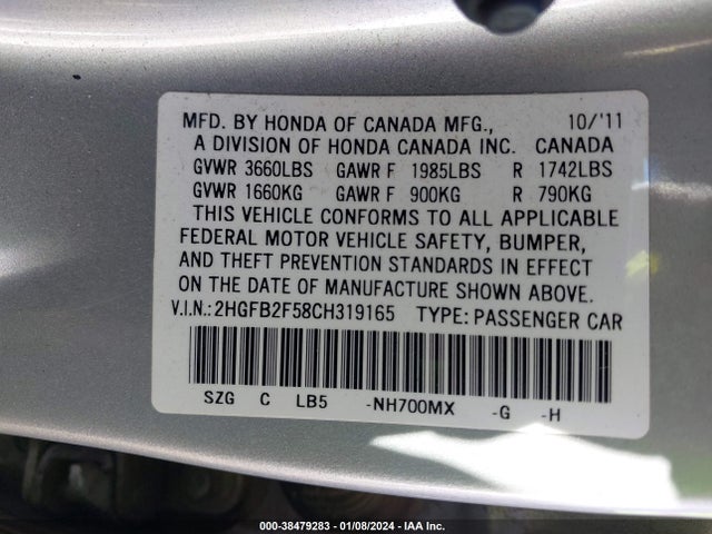 2012 HONDA CIVIC LX VIN: 2HGFB2F58CH319165