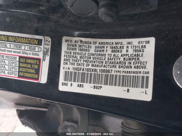 2008 HONDA CIVIC LX VIN: 1HGFA165X8L106967