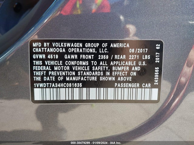 2017 VOLKSWAGEN PASSAT 1.8T R-LINE VIN: 1VWDT7A34HC081635