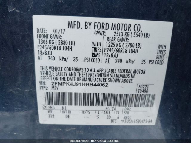 Auction sale of the 2017 Ford Edge Sel , vin: 2FMPK4J91HBB44062, lot number: 438479320