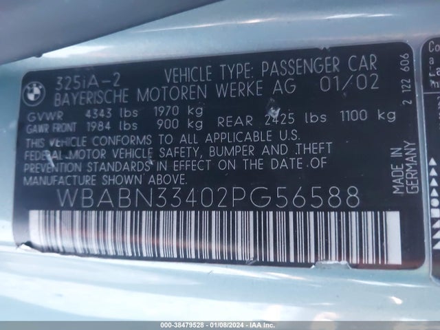2002 BMW 3 SERIES 325CI VIN: WBABN33402PG56588