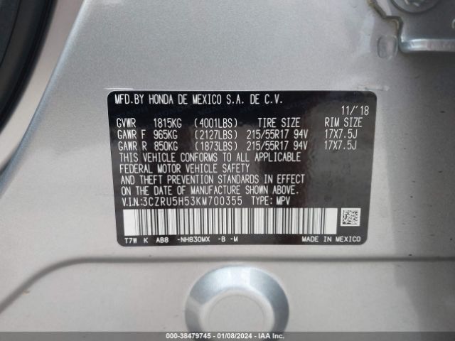 3CZRU5H53KM700355 Honda HR-V EX