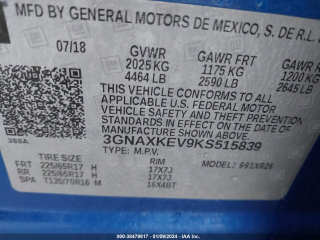Chevrolet EQUINOX LT 2019 3GNAXKEV9KS515839 Image 9