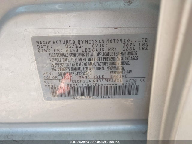 2018 NISSAN SENTRA SV VIN: 3N1AB7AP6JY312613