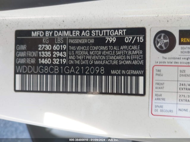 2016 MERCEDES-BENZ S 550 VIN: WDDUG8CB1GA212098