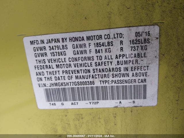 Honda FIT EX 2016 JHMGK5H77GS000386 Image 9