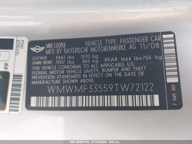 2009 MINI COOPER WMWMF33559TW72122 Photo 8