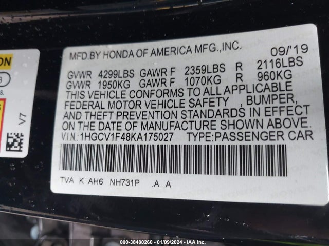 Honda ACCORD EX 2019 1HGCV1F48KA175027 Image 9