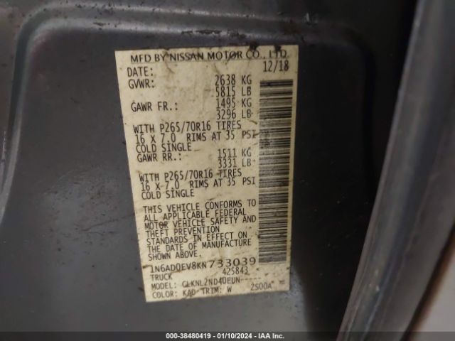 1N6AD0EV8KN733039 Nissan Frontier Sv