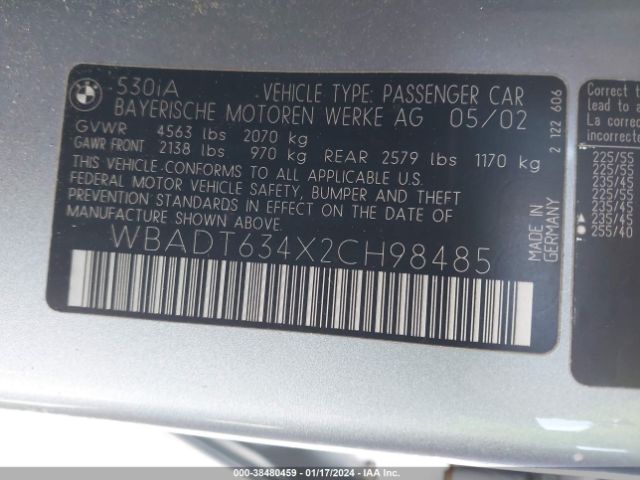 2002 BMW 5 SERIES WBADT634X2CH98485 Photo 8