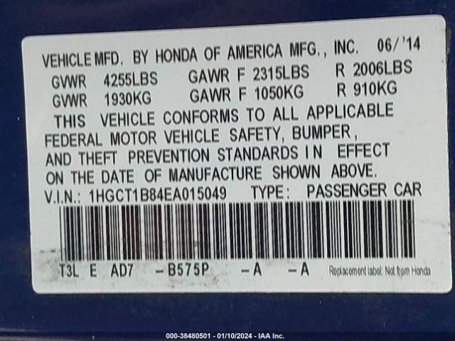 1HGCT1B84EA015049 Honda Accord Ex-l