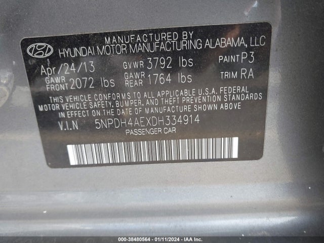 2013 HYUNDAI ELANTRA LIMITED VIN: 5NPDH4AEXDH334914