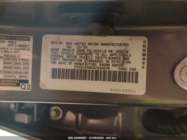 2005 PONTIAC VIBE VIN: 5Y2SL63805Z442638