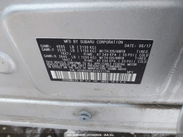 2017 SUBARU OUTBACK 2.5I LIMITED VIN: 4S4BSANC4H3431796