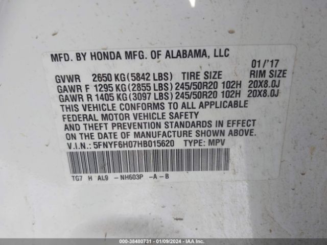 5FNYF6H07HB015620 Honda Pilot Elite