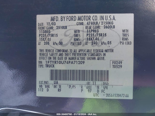 2004 FORD RANGER EDGE/XL/XLT VIN: 1FTYR10U74PA71209