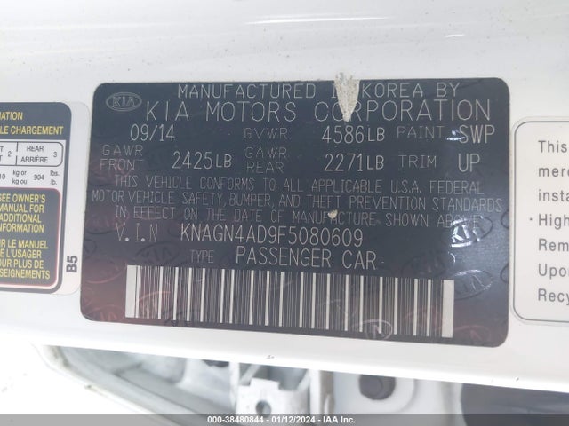 2015 KIA OPTIMA HYBRID EX VIN: KNAGN4AD9F5080609