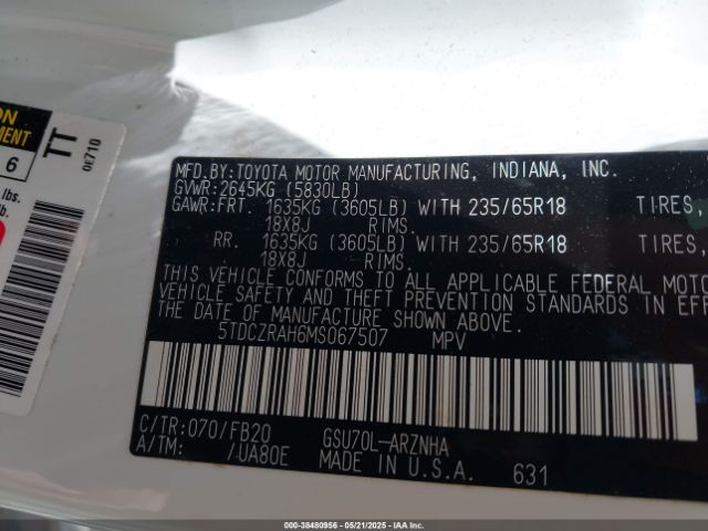 5TDCZRAH6MS067507 Toyota Highlander L