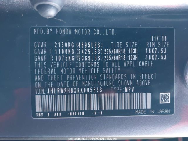 JHLRW2H8XKX005893 Honda Cr-v Ex-l